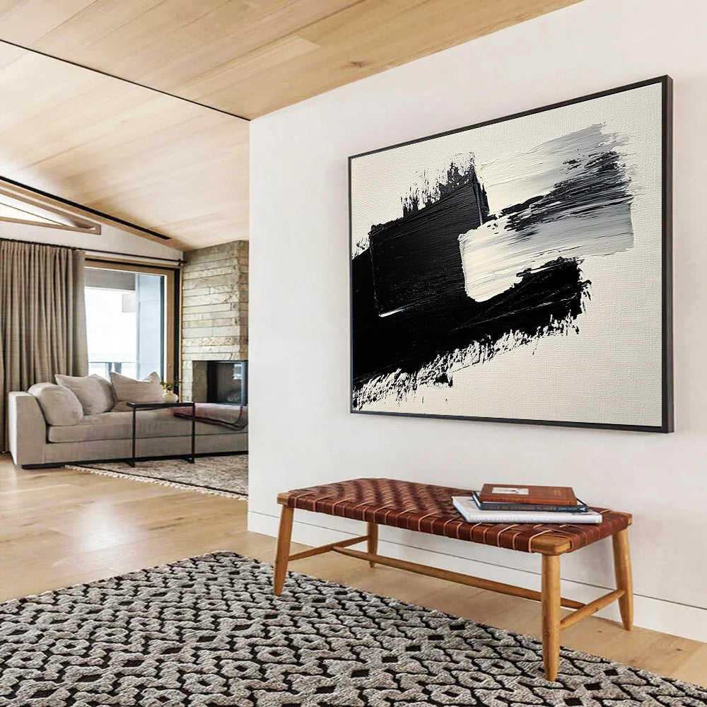 Black White Abstract Strokes Painting with Textured Brushstrokes DYP572