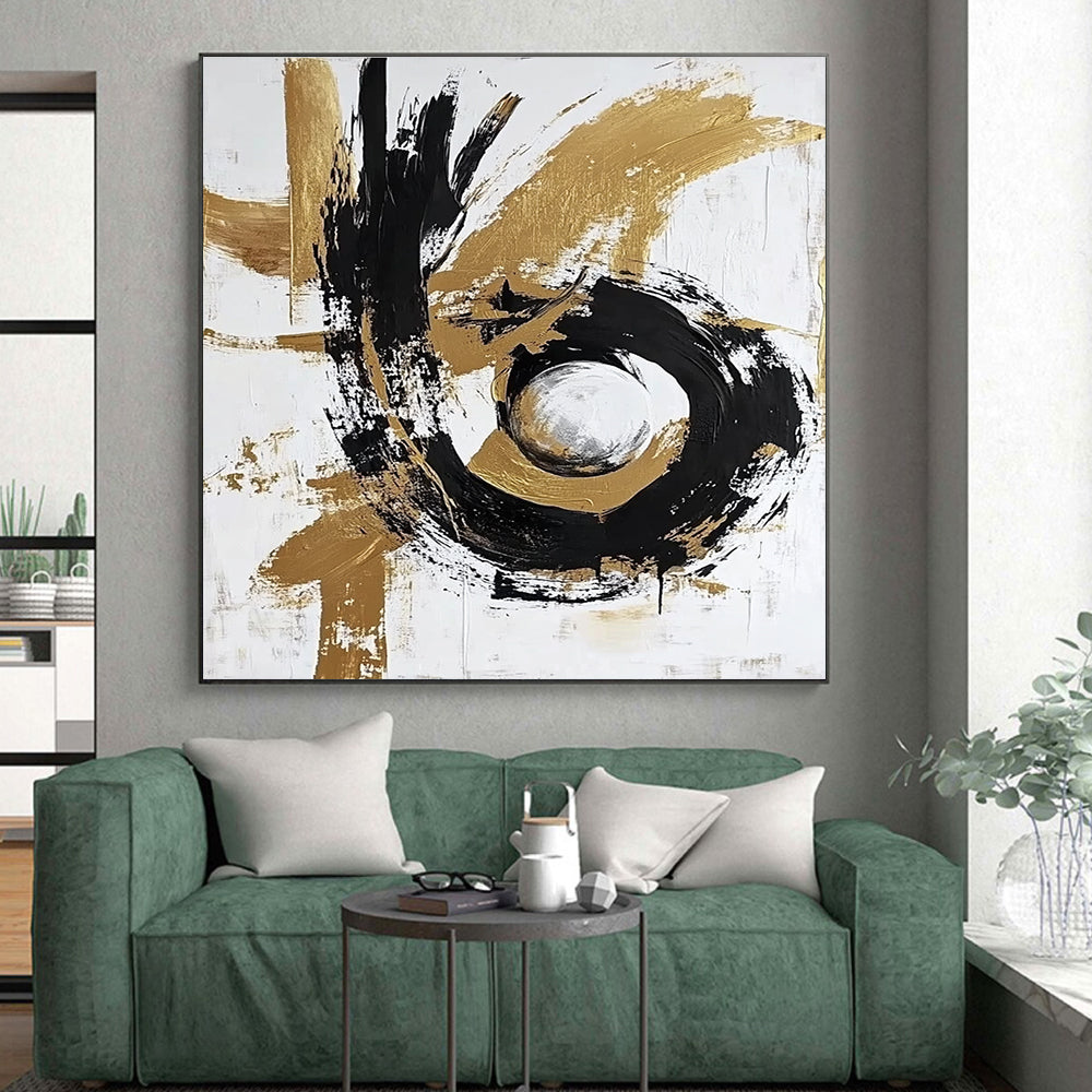 Gold and Black Abstract Painting with Circular Motifs GER655