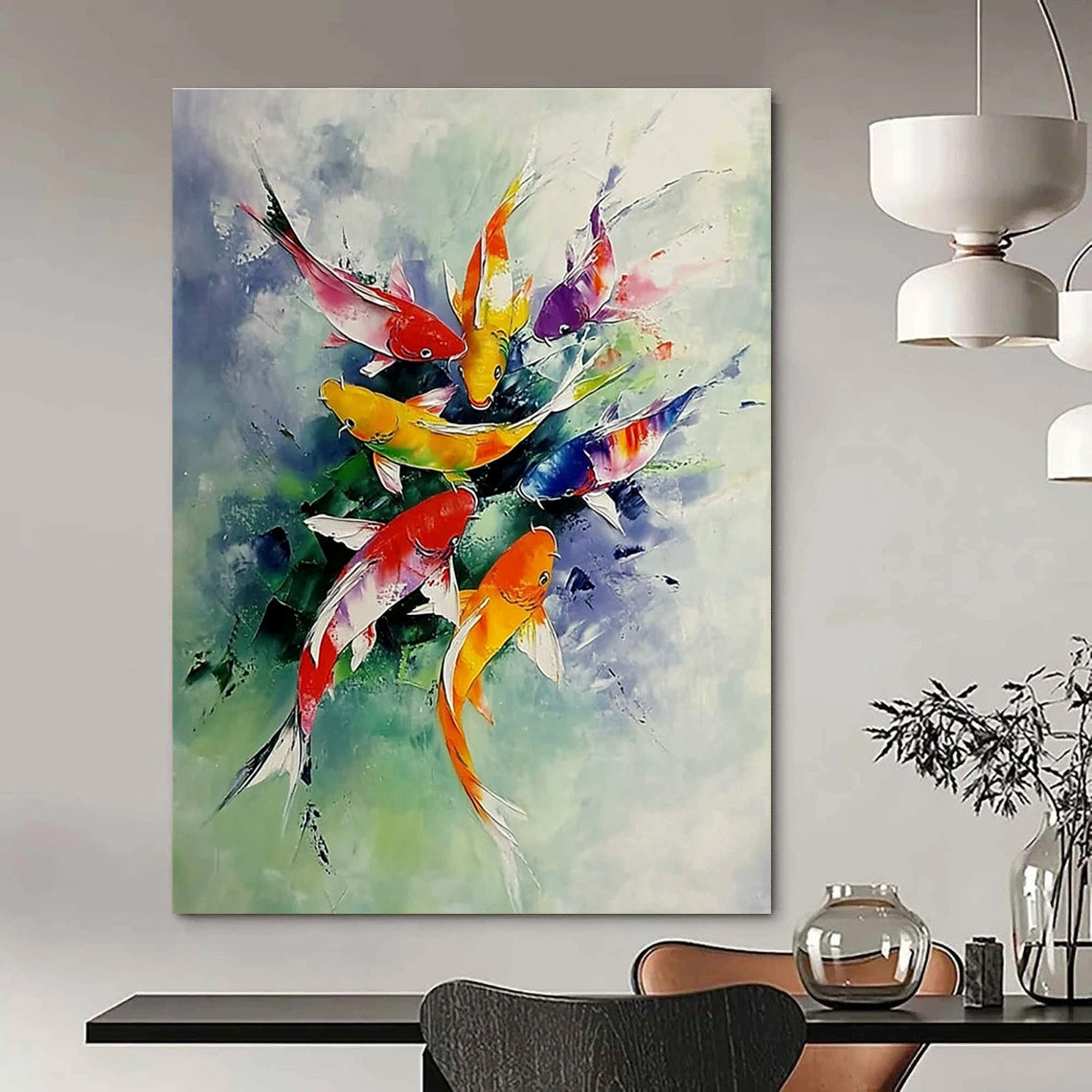 Abstract painting of colorful koi fish leaping from water surrounded by misty clouds on a white background with vibrant scales and light green tones.STSC1012