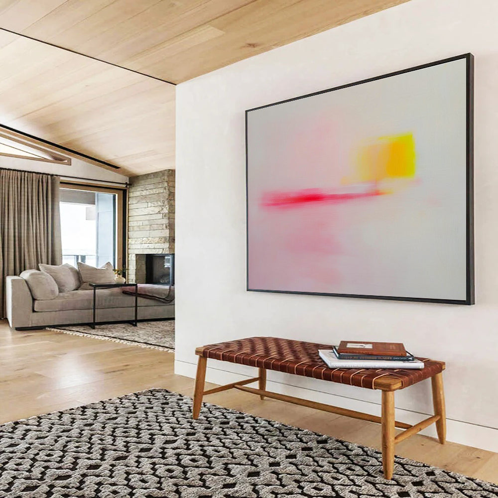 Large abstract painting with pink yellow and red soft edges on white background, emotional minimalism creating a tranquil joyful atmosphere.SC251