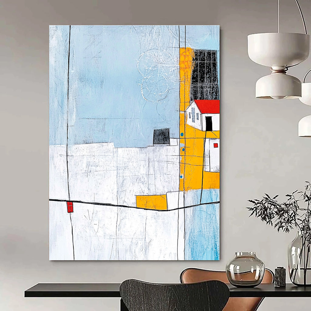 Abstract painting featuring soft lines and shapes with a light blue grey background and minimalistic house illustration in the corner.STSC688