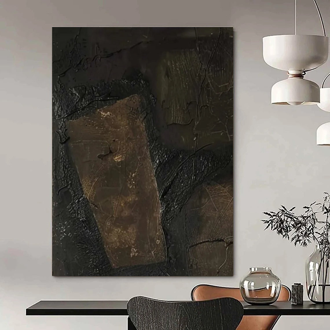 Dark Textured Patch Abstract Painting with Earthy Tones ADGE503