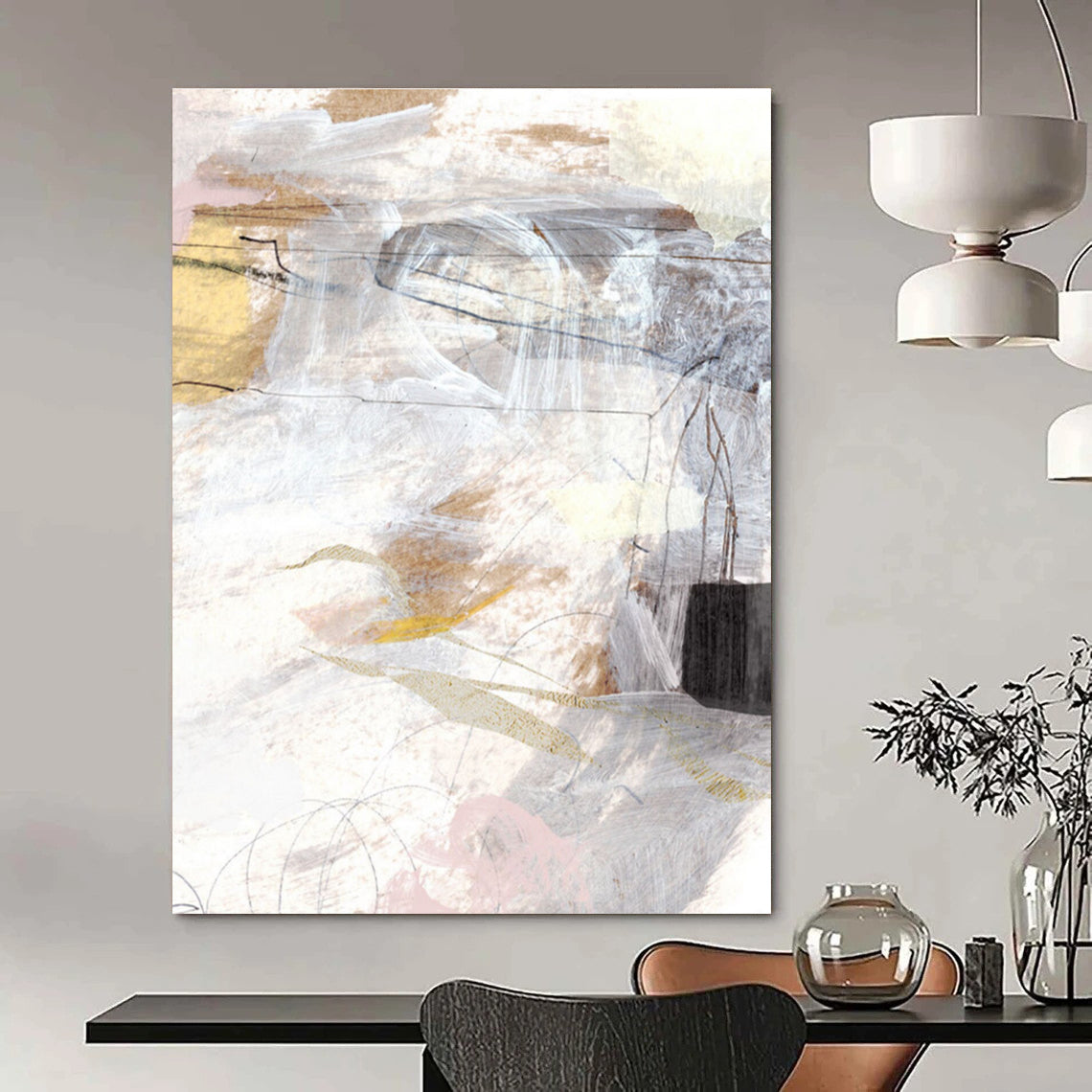 Mixed - media Abstract with Soft Tones and Lines Painting ADGE187