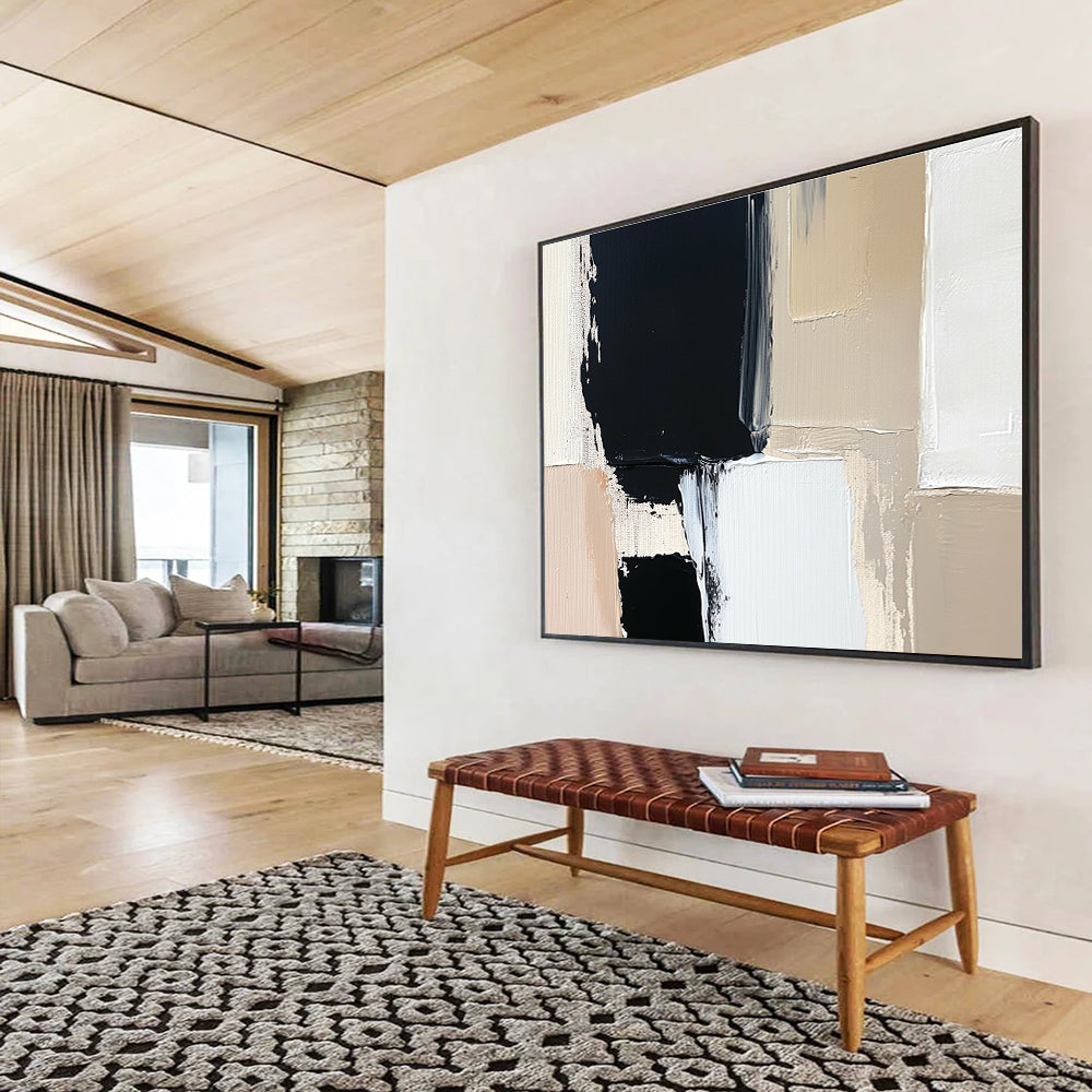 Black Beige and White Abstract Painting with Geometric Shapes DYP174