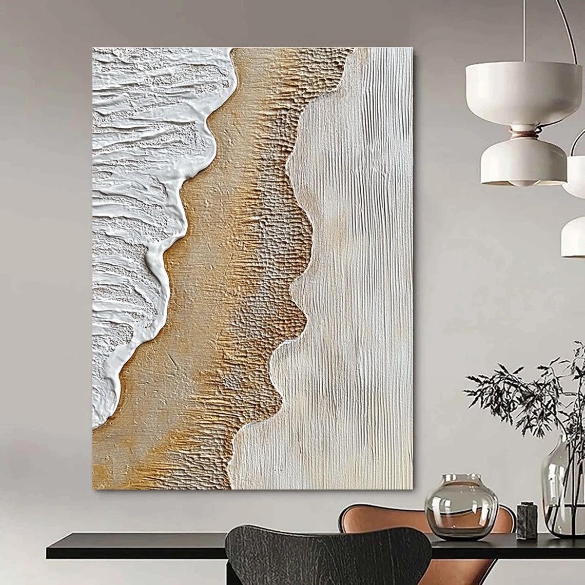 Abstract painting depicting textured sand and crashing waves with warm browns and cool grays for a striking artistic expression.STSC947