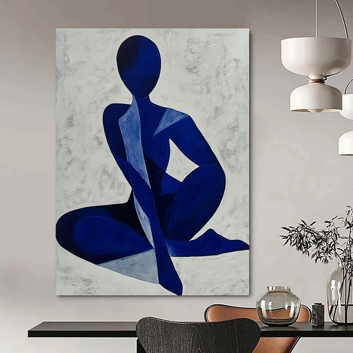 Abstract painting of a blue woman’s body, minimalist style with monochrome colors on light grey background, perfect for modern decor.STSC1405