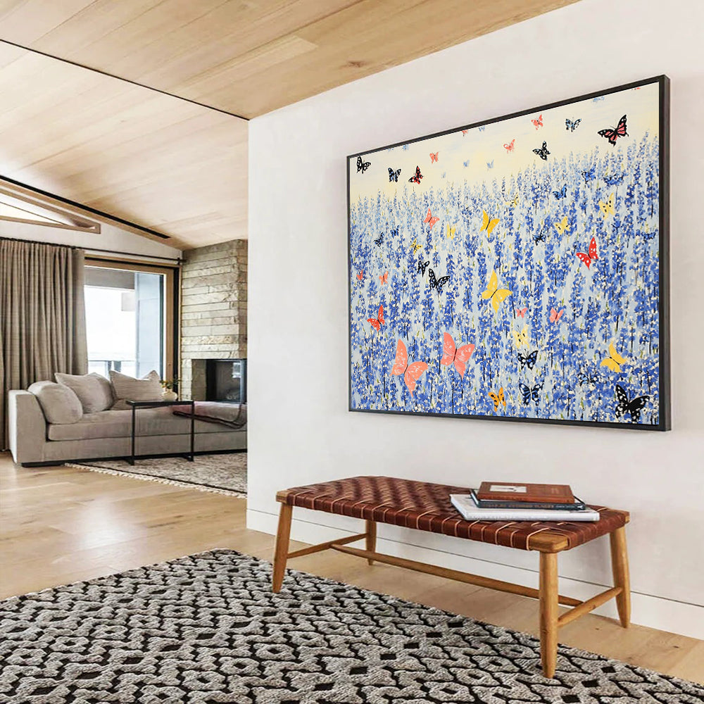 An abstract painting of bluebells surrounded by colorful butterflies in the vibrant style of Henri Matisse.SC463