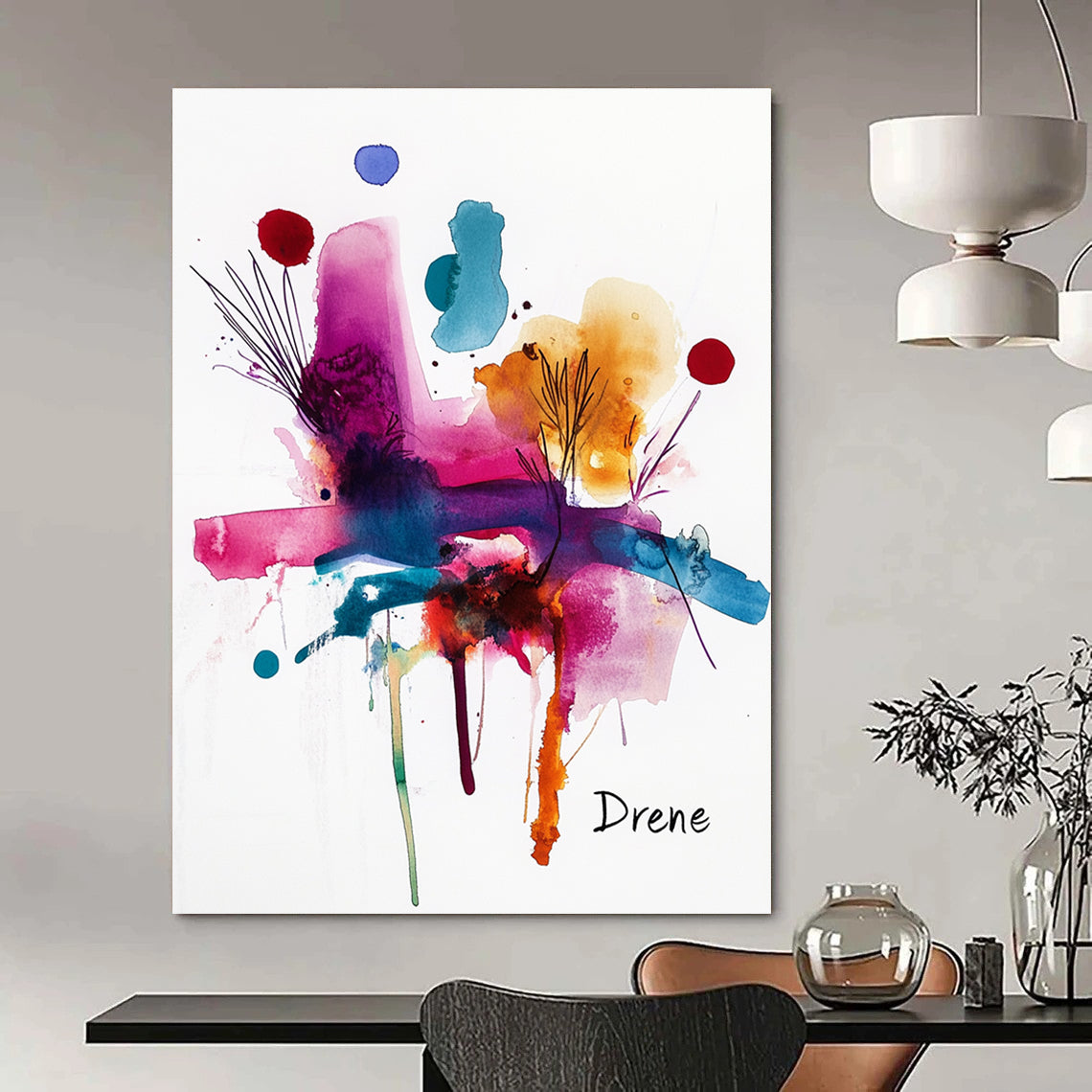 Large abstract watercolor painting featuring vibrant colors and shapes with the word Drene in black ink at the bottom right corner.STSC500