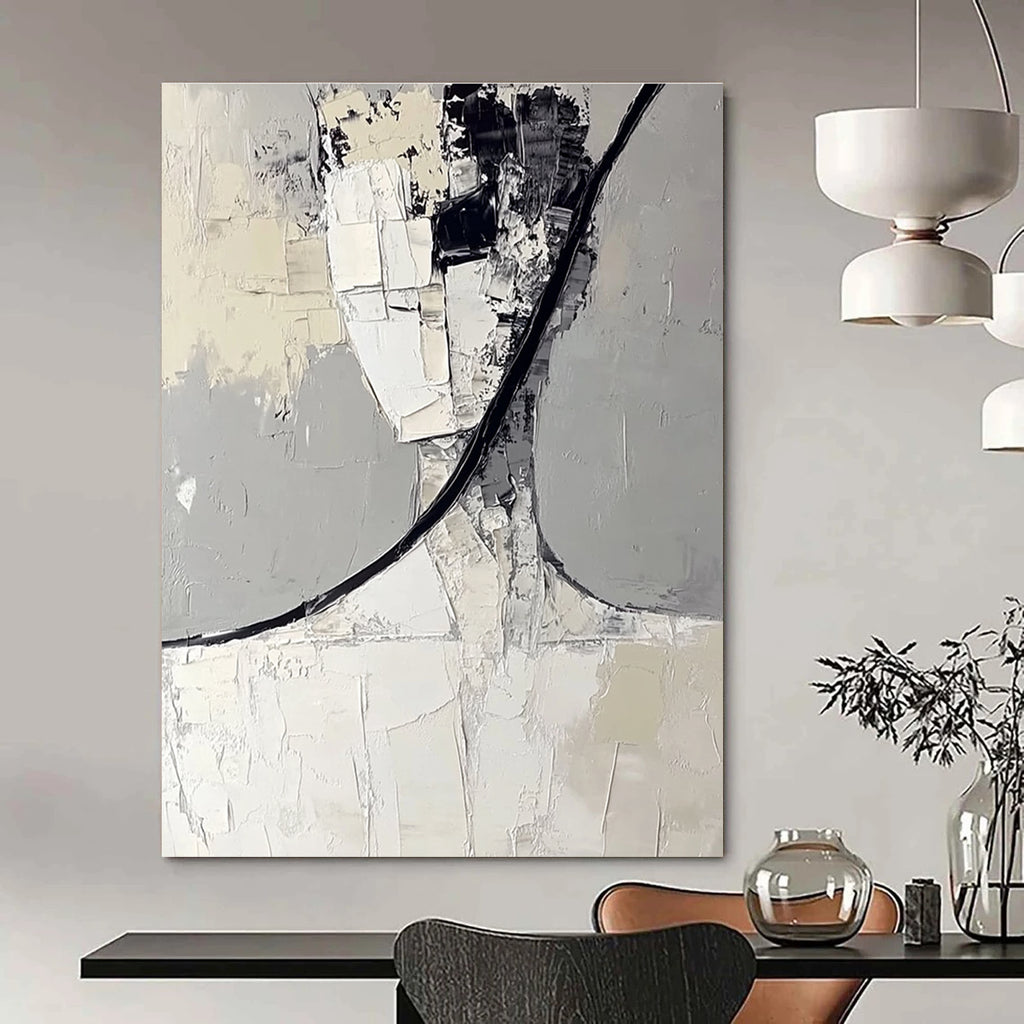 Large abstract painting in white and gray features black curved lines and layered irregular blocks creating a simple and clean composition.STSC383