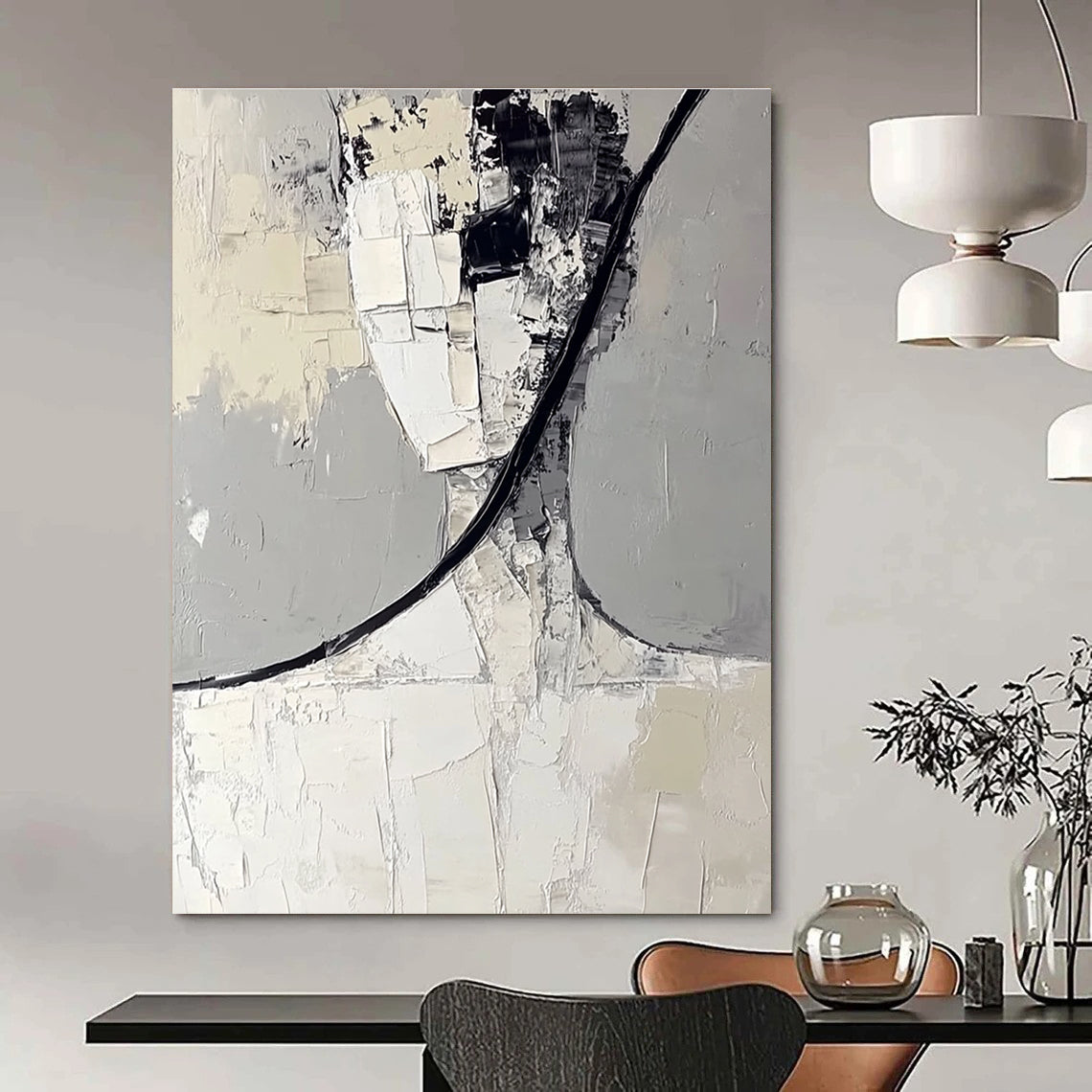 Large abstract painting in white and gray features black curved lines and layered irregular blocks creating a simple and clean composition.STSC383