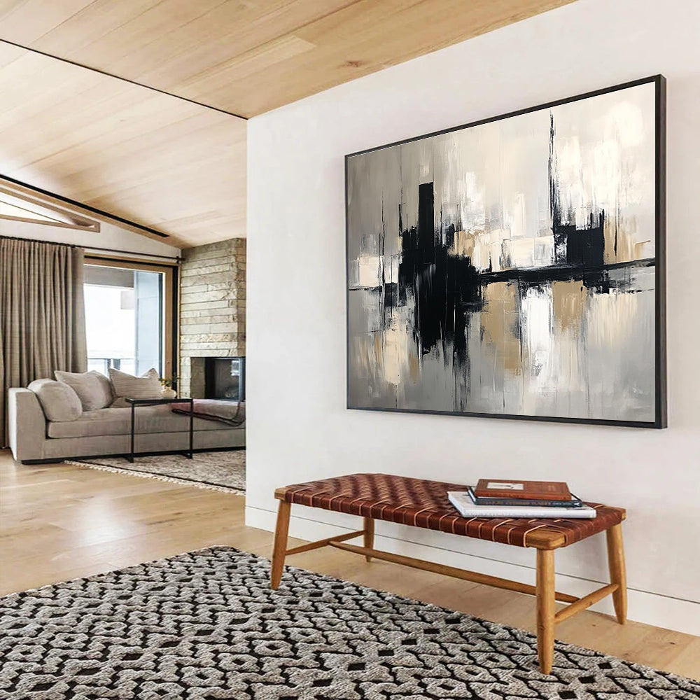 Large abstract painting in black and beige tones featuring bold brush strokes, set against a grey cityscape background, crafted in oil on canvas.SC017