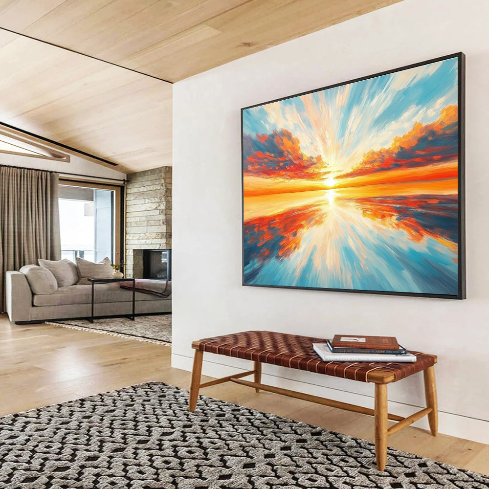 Radiant Sunset Sea Abstract Painting with Orange Red and Blue Tones DYP562
