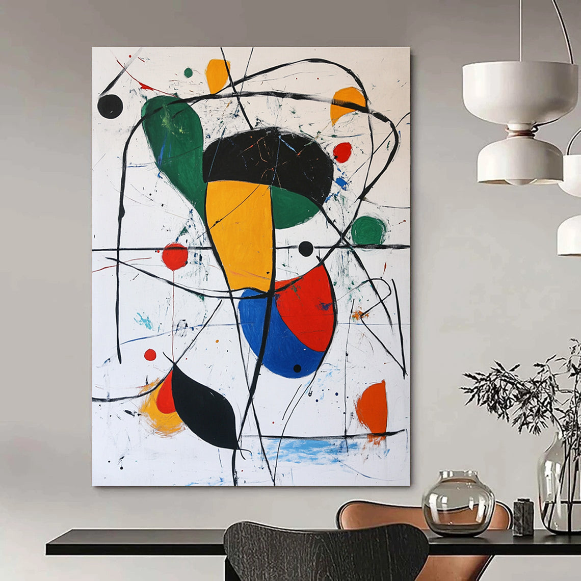 Large abstract painting featuring simple shapes and lines in black red green yellow and white with small colorful dots in a Joan Miro style.STSC377