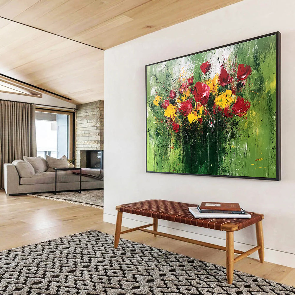 Large abstract painting featuring a vibrant bouquet in red and yellow with thick textured paint and expressive brushstrokes on a green background.SC479