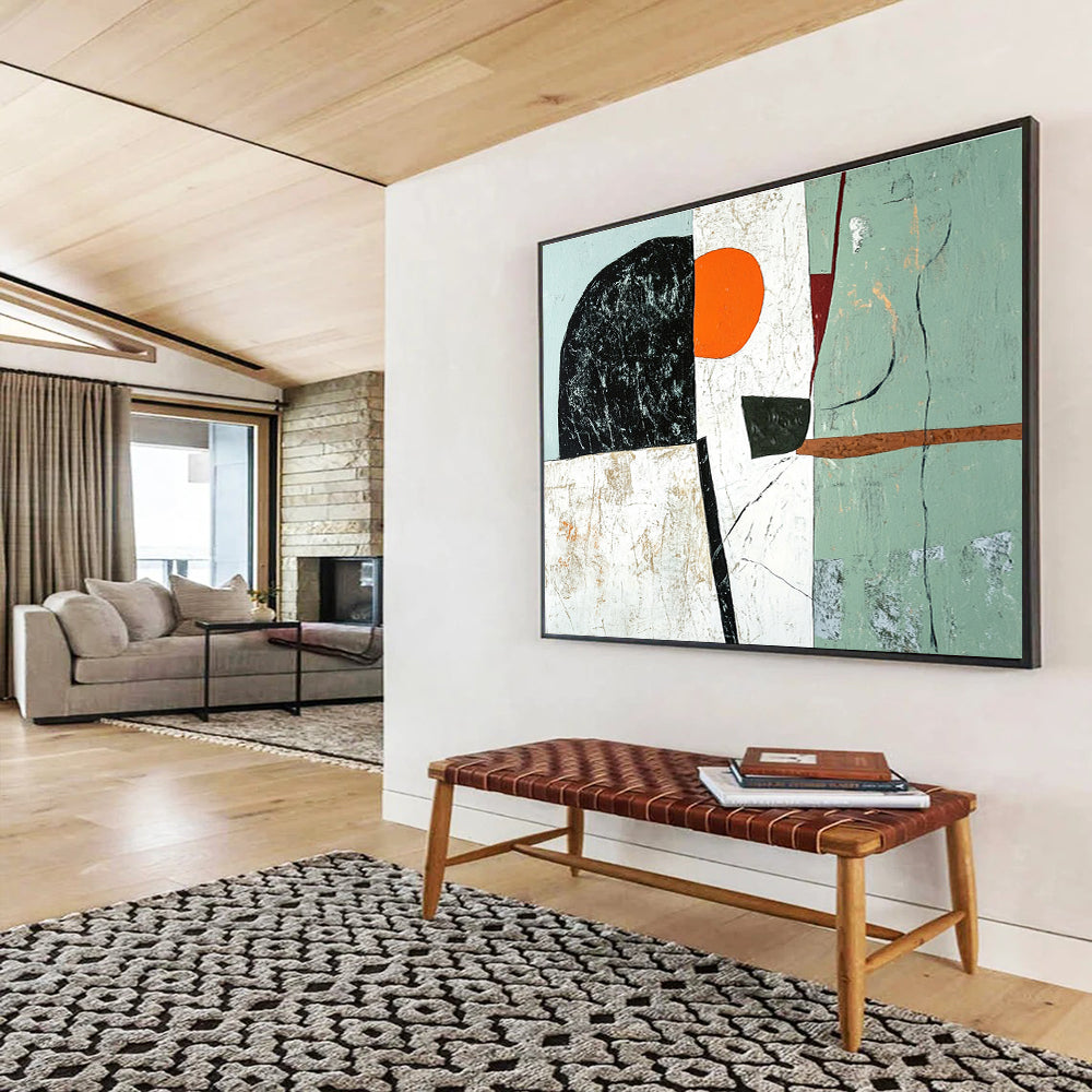 Large abstract painting featuring green black and white shapes with an orange accent and a brown line on a light gray and pale blue background.SC192