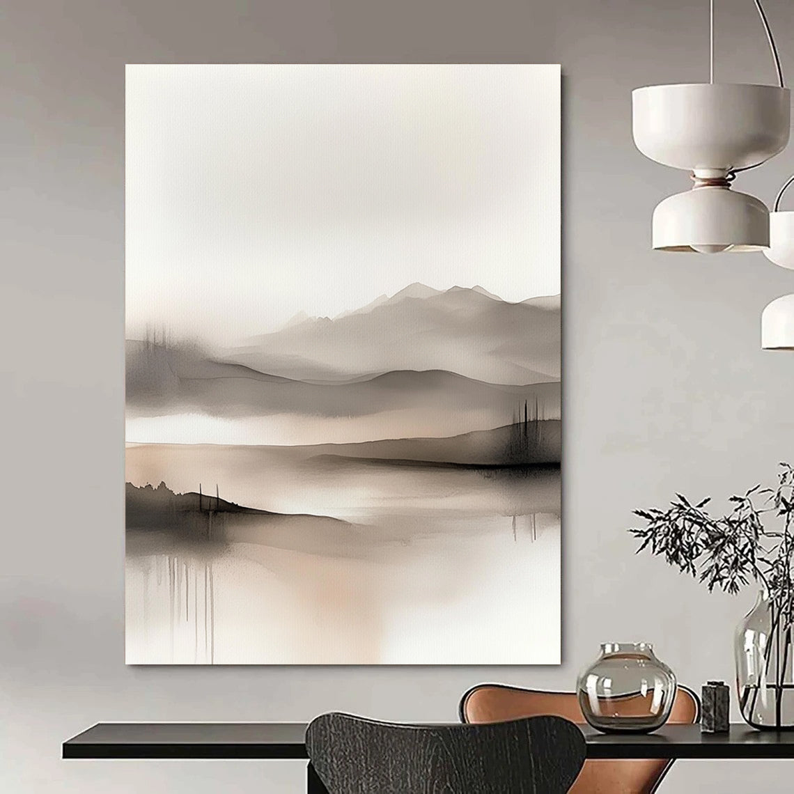 Large abstract watercolor painting featuring soft muted colors of grey beige and white depicting serene hills and foggy mountains for a tranquil atmosphere.STSC504