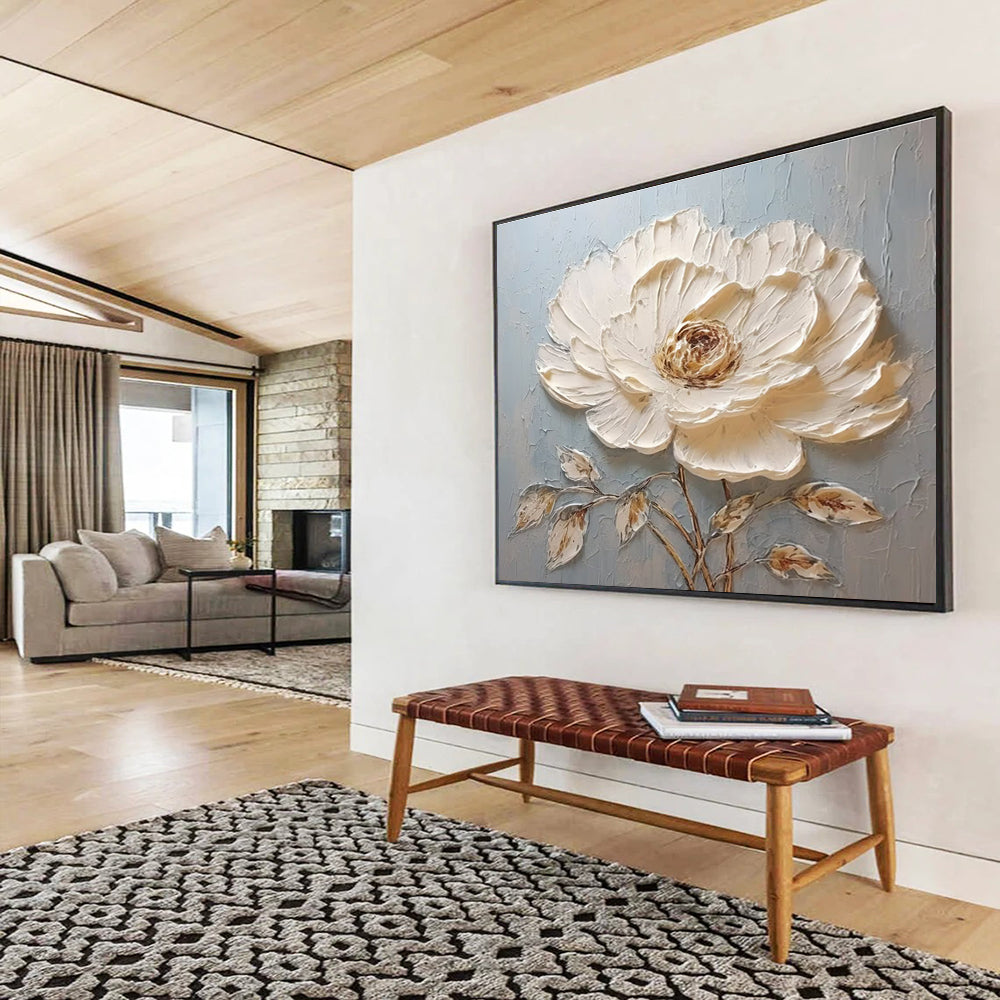 Single White Flower Abstract Painting with White, Brown, and Blue Tones THY175