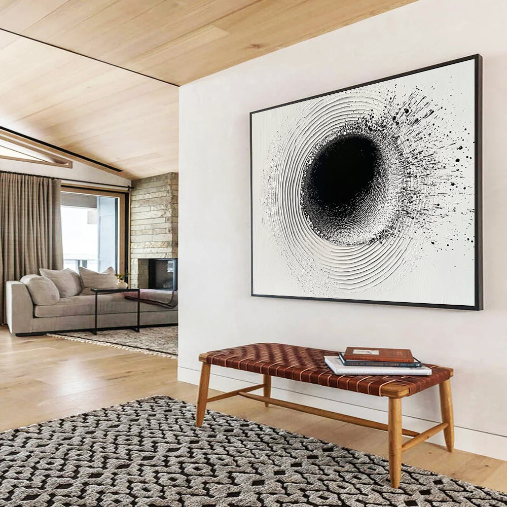 An abstract painting featuring a circular hole filled with water droplets creating ripples on a white plaster background with black ink lines.SC435