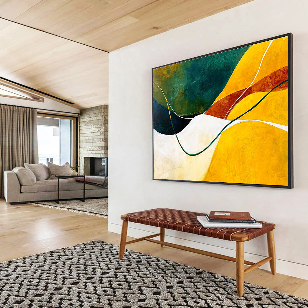 Large abstract painting featuring dynamic yellow green and white lines conveying movement and depth inspired by the beauty of nature.SC268
