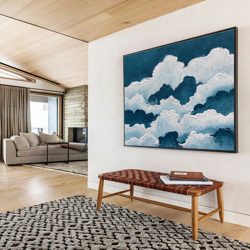 Blue White Cloud Abstract Painting with Textured Sky Forms THY364