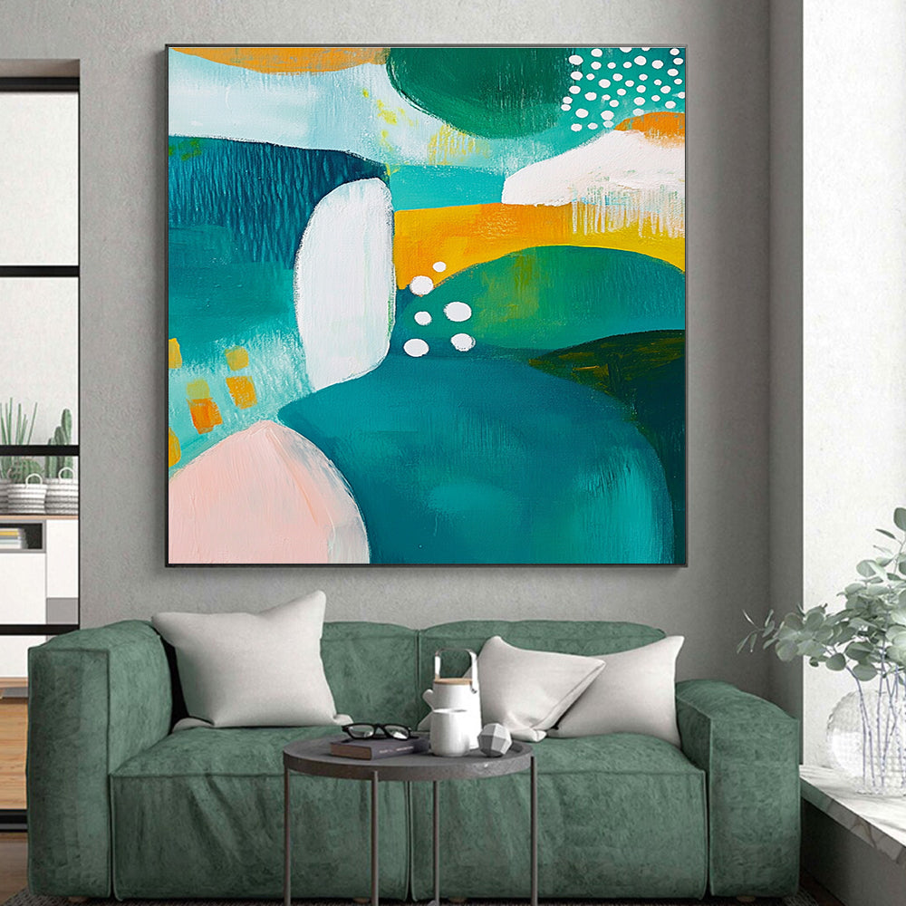 Colorful Abstract Painting with Teal, Green, and Yellow Shapes GER266