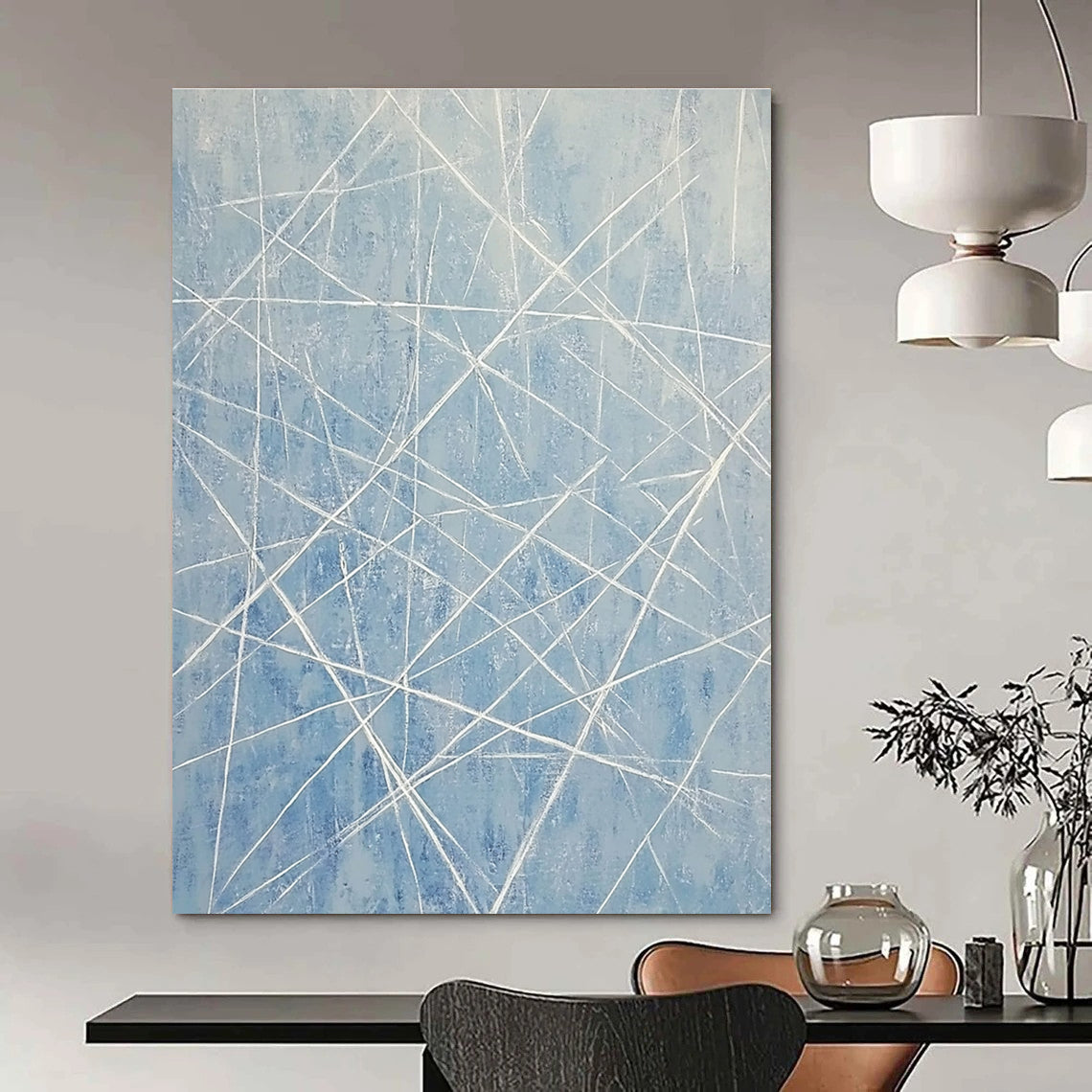 Large abstract painting of light blue and white lines resembling an icy landscape with vertical lines and frozen icicle-like formations.STSC316