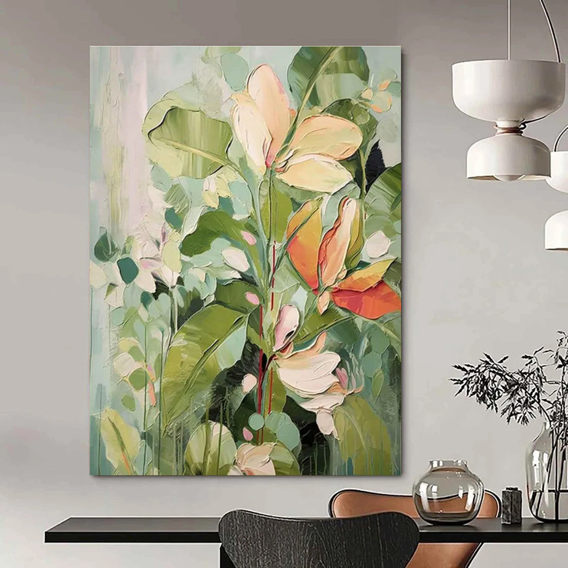 Green and Beige Tropical Flowers Abstract Painting ADGE083