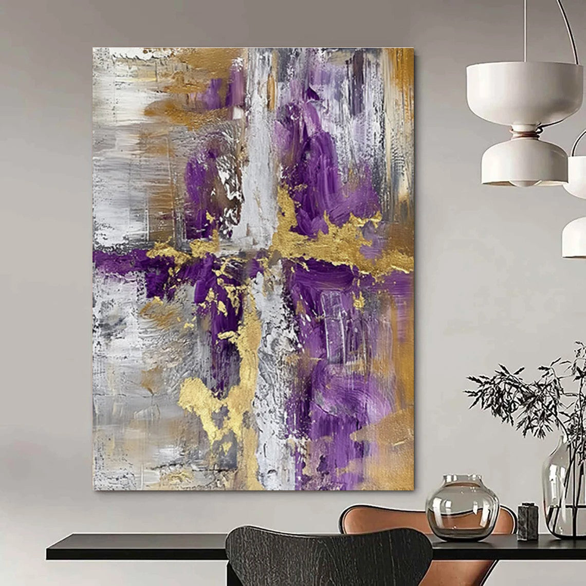 Purple and Gold Cross Abstract Painting with Gray and White ADGE135