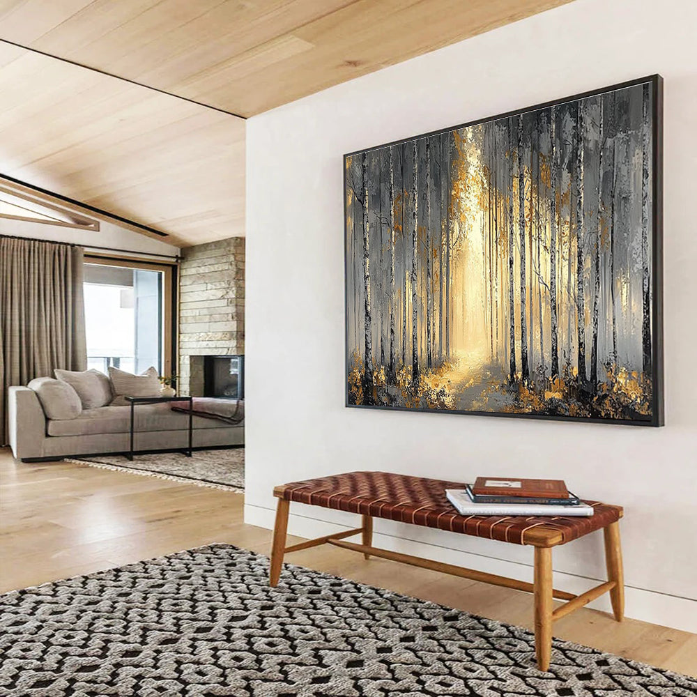 Misty Forest Abstract Painting with Grey and Gold Tones THY159