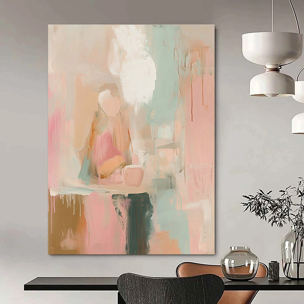 Abstract painting in soft pinks whites and sage green with loose brush strokes and vintage graffiti text evoking dreamy nostalgia and serene calmness.STSC805