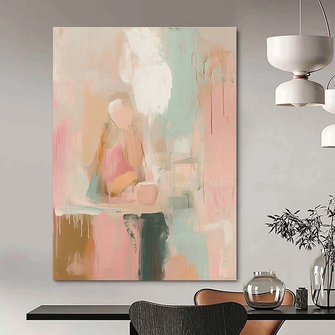 Abstract painting in soft pinks whites and sage green with loose brush strokes and vintage graffiti text evoking dreamy nostalgia and serene calmness.STSC805