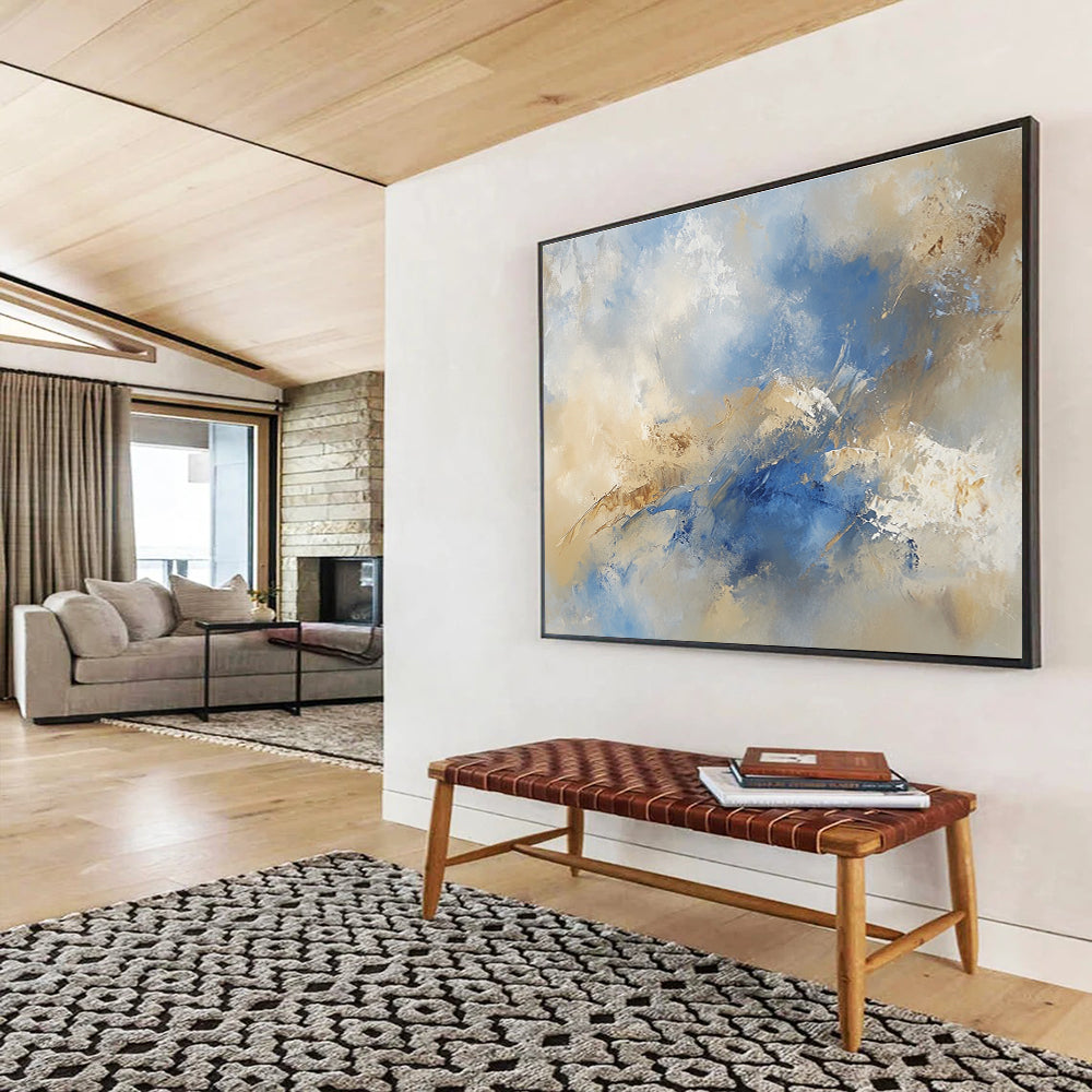 Blue and Beige Abstract Painting with Soft Brushstrokes DYP181