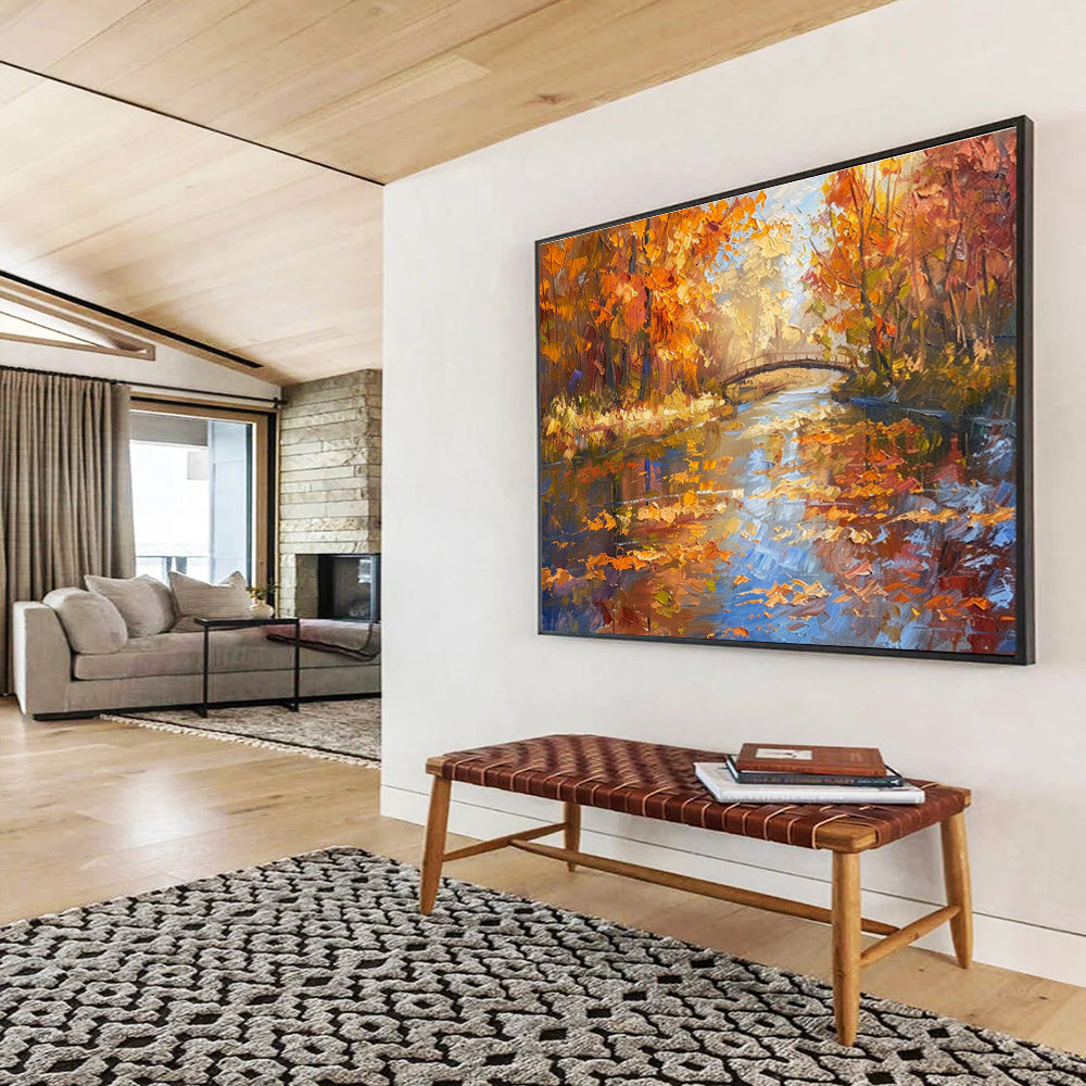 Autumn Forest River Abstract Painting with Orange, Yellow, and Blue Tones THY196