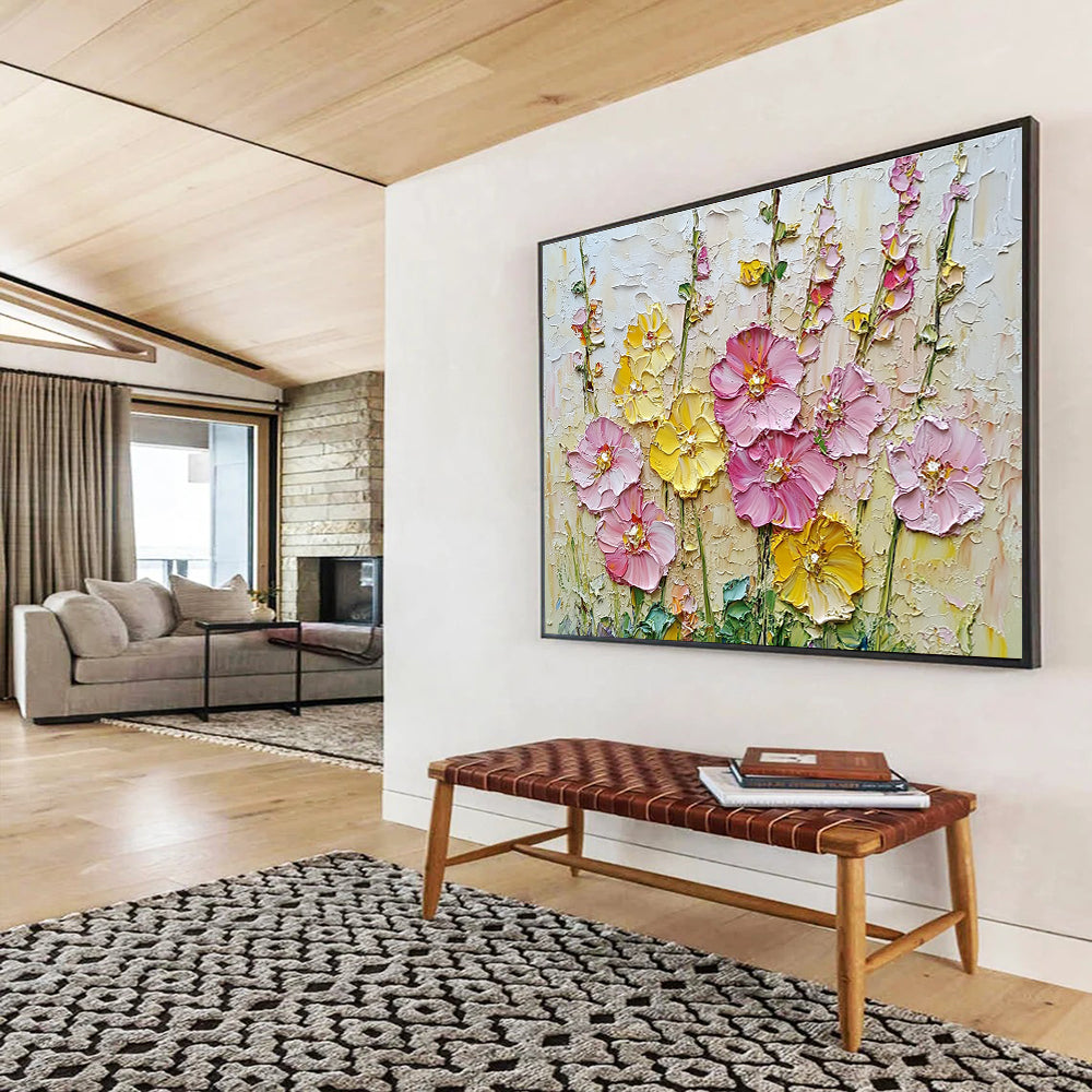 A large abstract painting featuring vibrant pink and yellow hollyhocks, detailed textures, and a rich background created with impasto technique using a palette knife.SC603