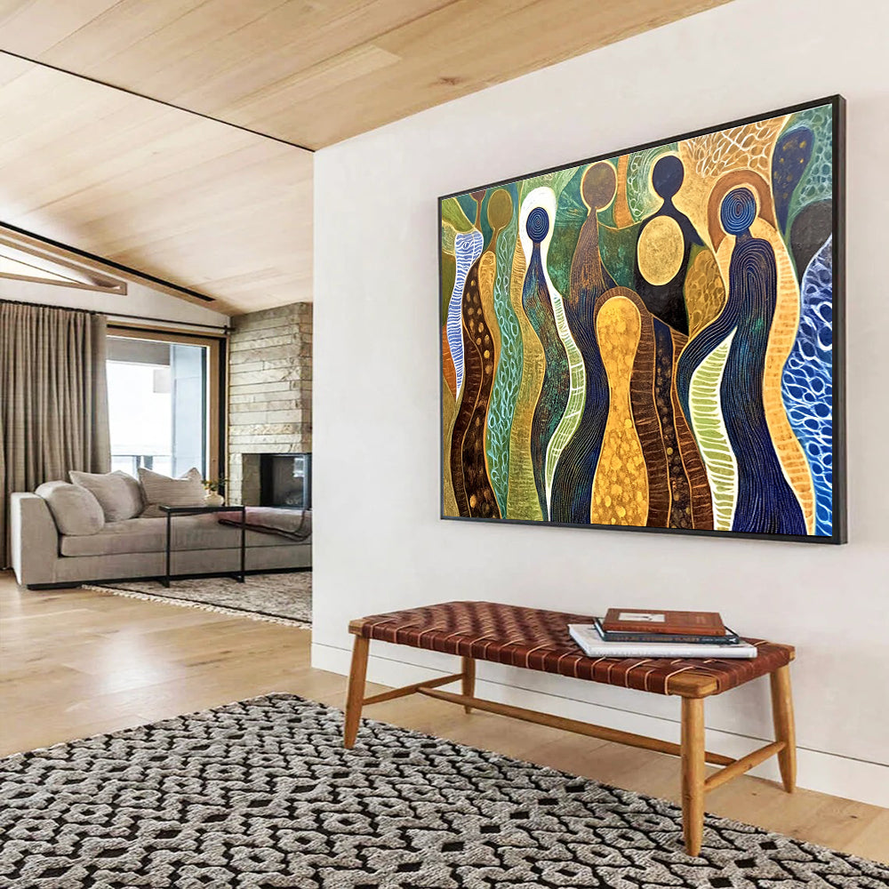 Abstract Figure Forms Painting with Earthy and Blue Tones DYP578