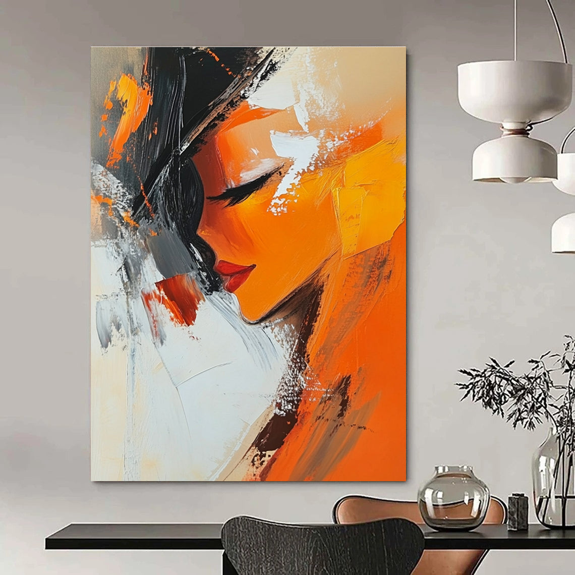 Large abstract oil painting featuring an orange woman infused with expressive brushstrokes in white beige black grey and brown tones.STSC151