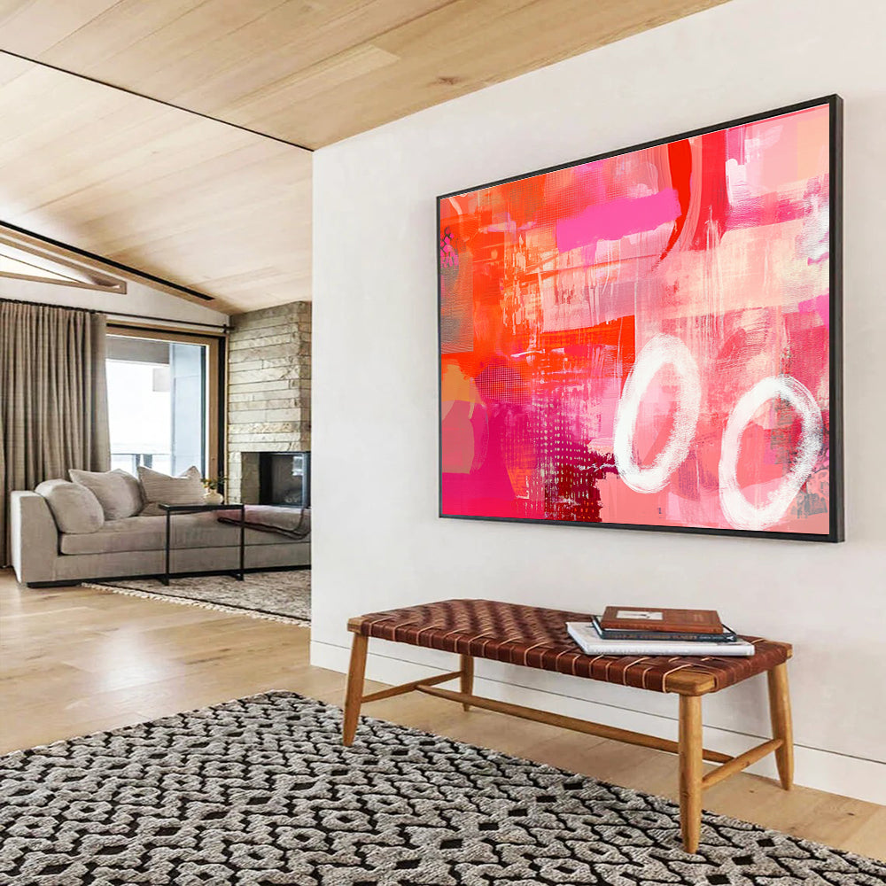 Pink and Orange Dominated Abstract Painting with White Circles DYP133