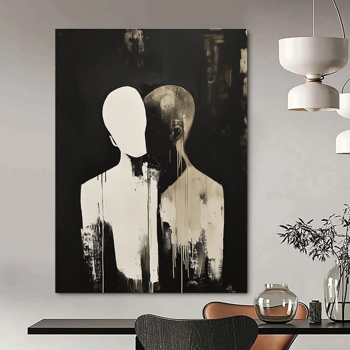 Abstract painting featuring a faceless figure in a dark backdrop with another figure resting their head on their shoulder, complemented by splashes of color.STSC1449