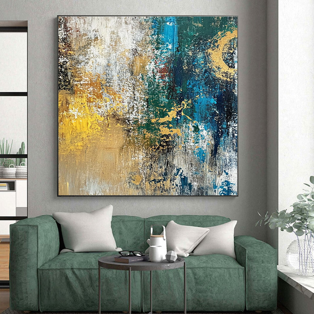 Gold Teal and White Abstract Painting with Textured Gold GER686