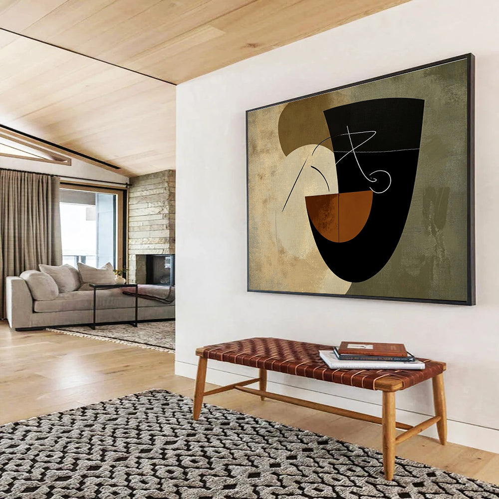 An abstract artwork featuring organic shapes in earthy tones with a stylized hand illustrating an 'S' on a textured bowl background.SC484