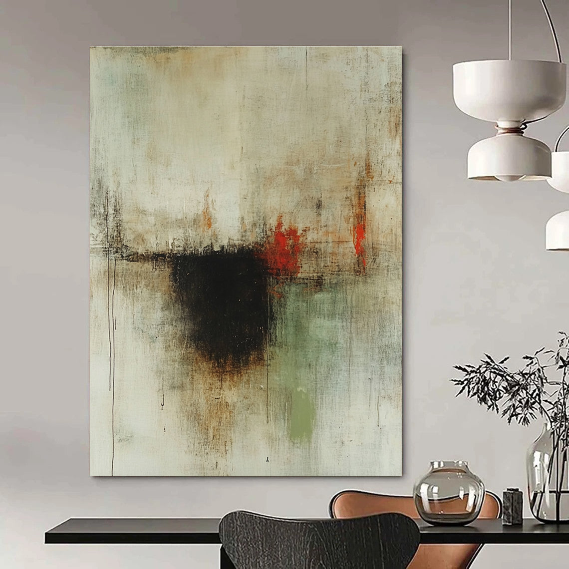 Large abstract painting with faded neutral tones and subtle red accents featuring a central dark brown spot and hints of green and earthy colors.STSC610