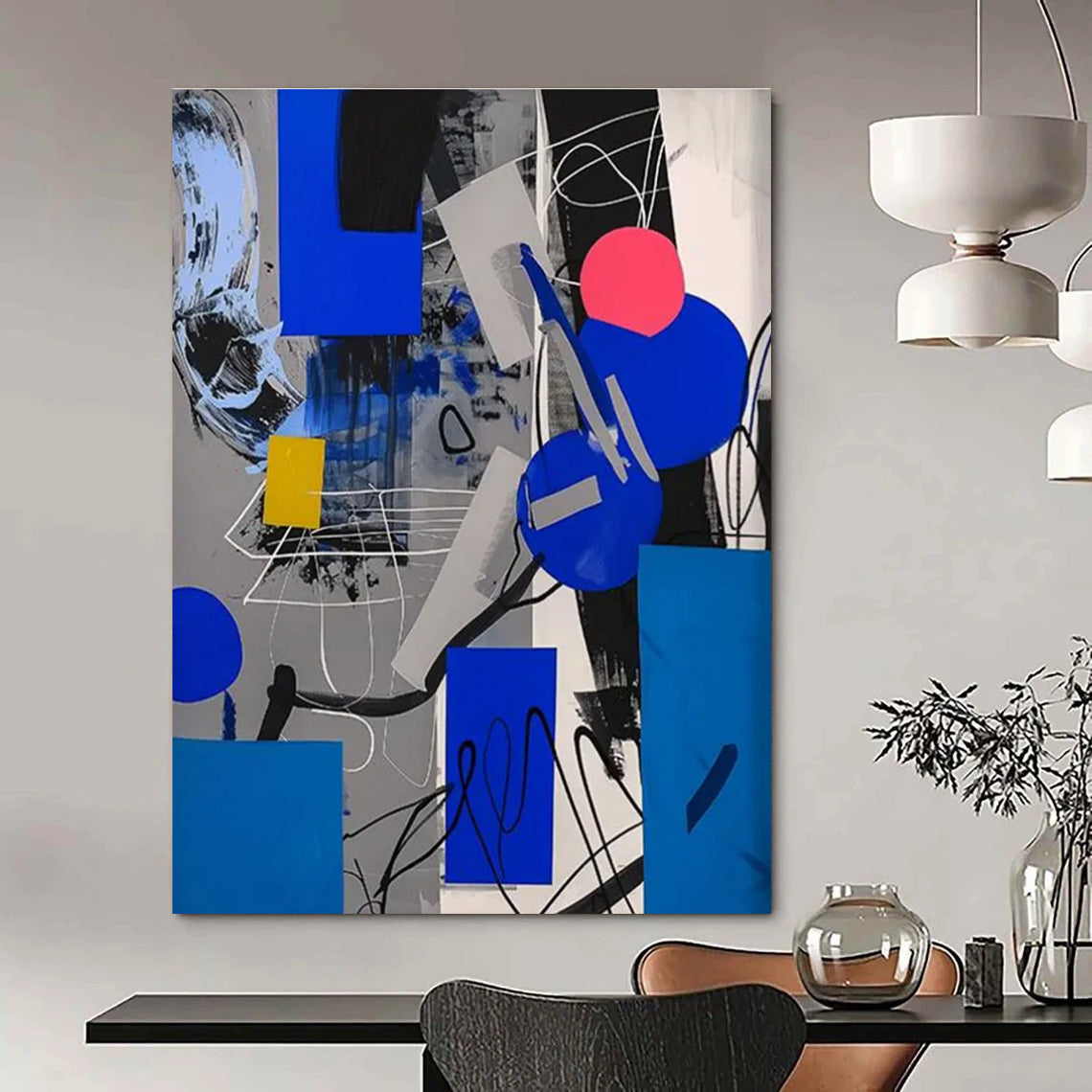 Geometric Color Fusion Abstract Painting with Blue, Gray, and Yellow ADGE110