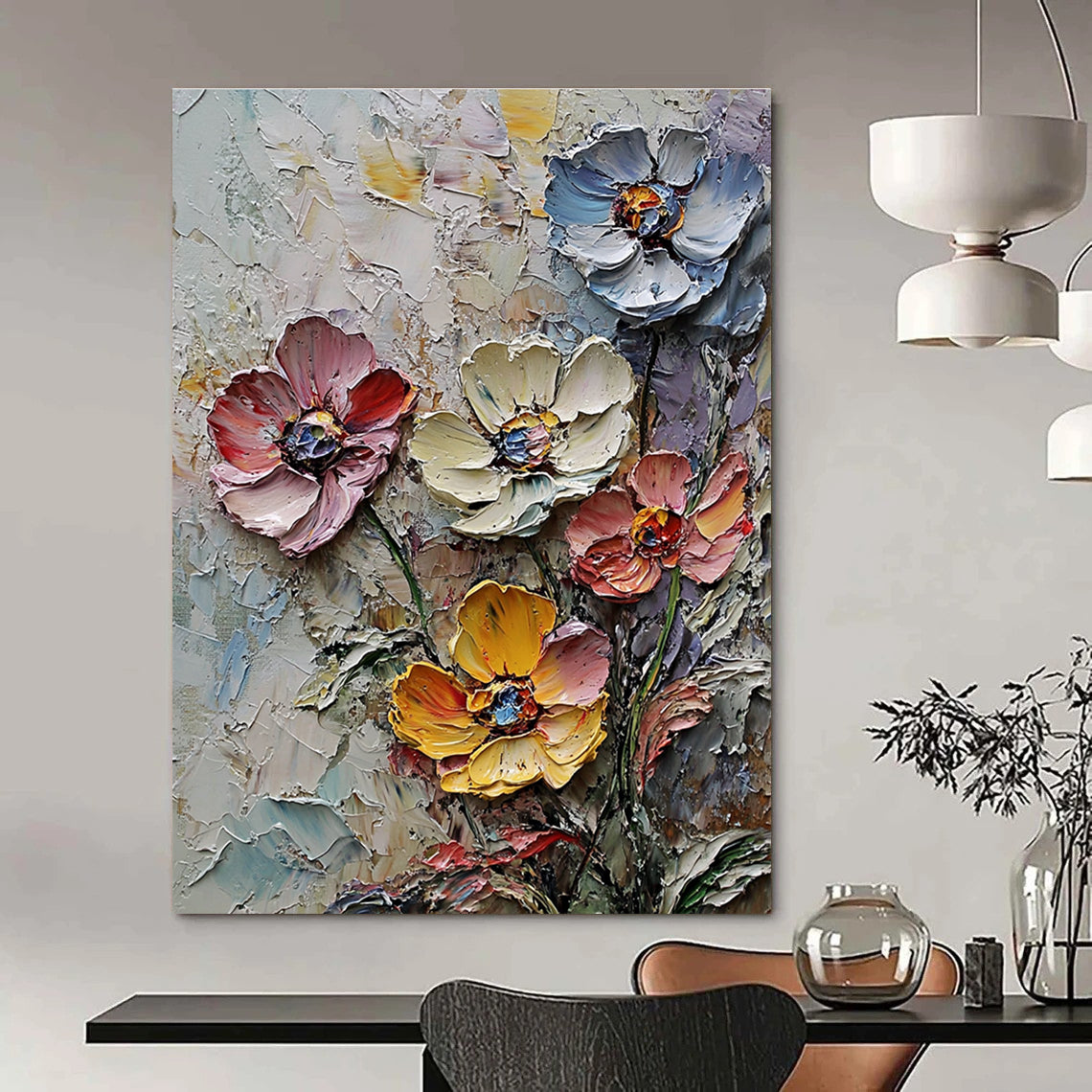 Large abstract painting of wildflowers in thick impasto texture and muted colors with densely clustered blossoms and rich background detail.STSC1302