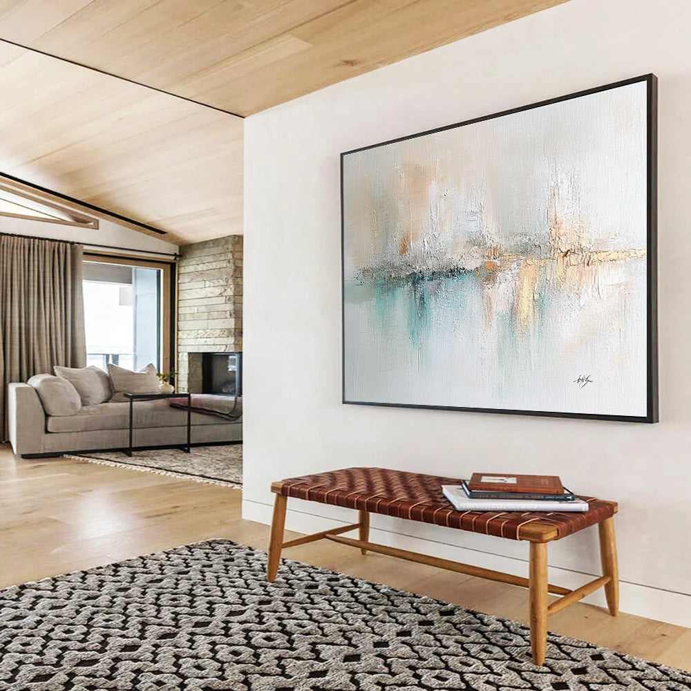 Large abstract painting on textured canvas featuring soft pastels cream mint green muted blue and hints of gold with impressionist brushwork.SC208