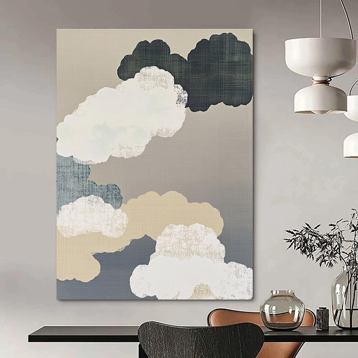 Large abstract painting featuring delicate brushwork with white clouds gray background and organic shapes in a minimalist beige color scheme.STSC1149