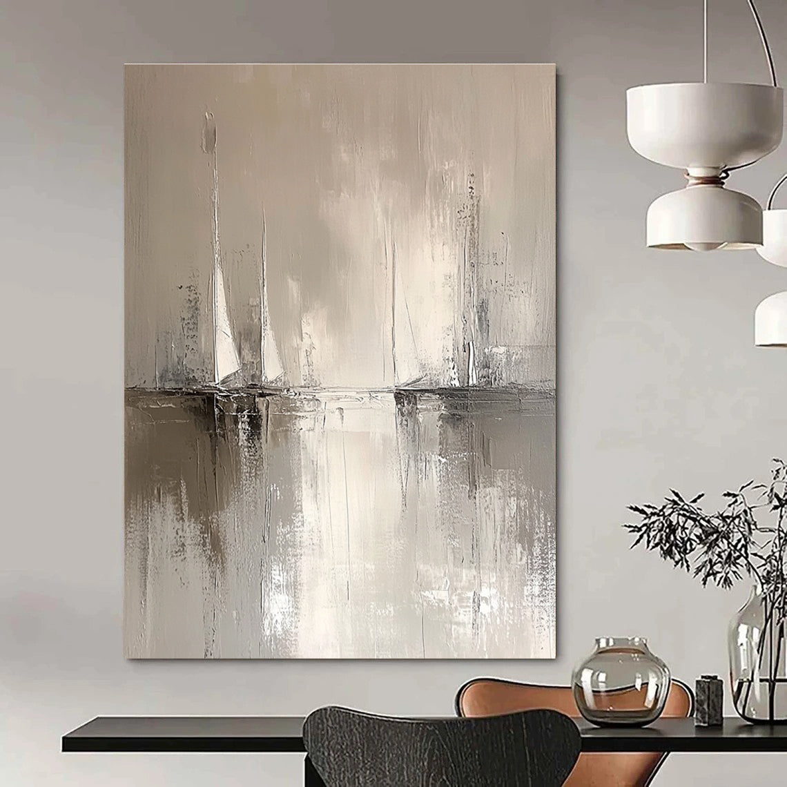 Large abstract painting in minimalist style features sailboats on the horizon with soft water reflections in neutral tones of white and grey.STSC231