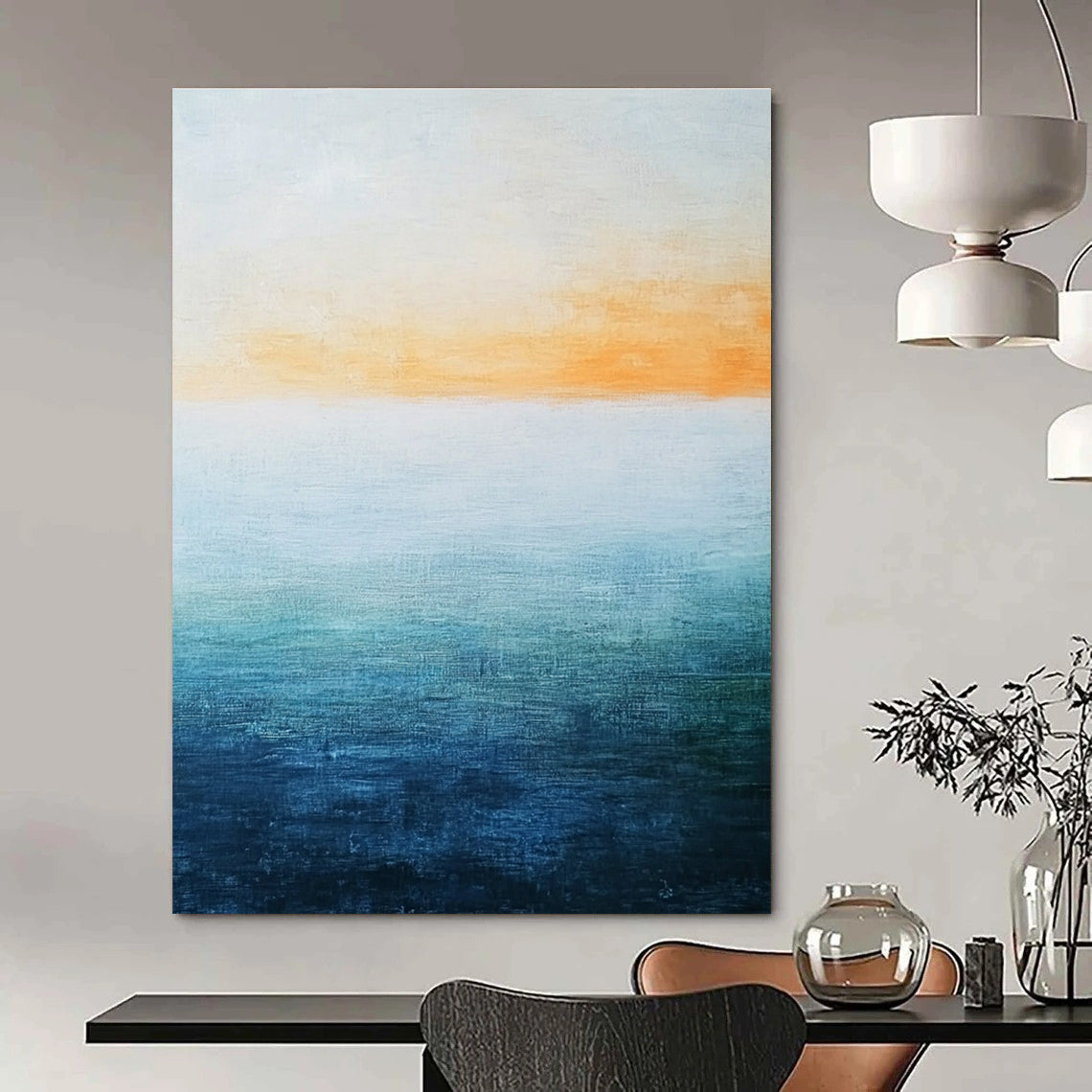 Abstract landscape featuring a vast water expanse in blue and green hues beneath a soft orange sky with a minimalist oil painting style.STSC074