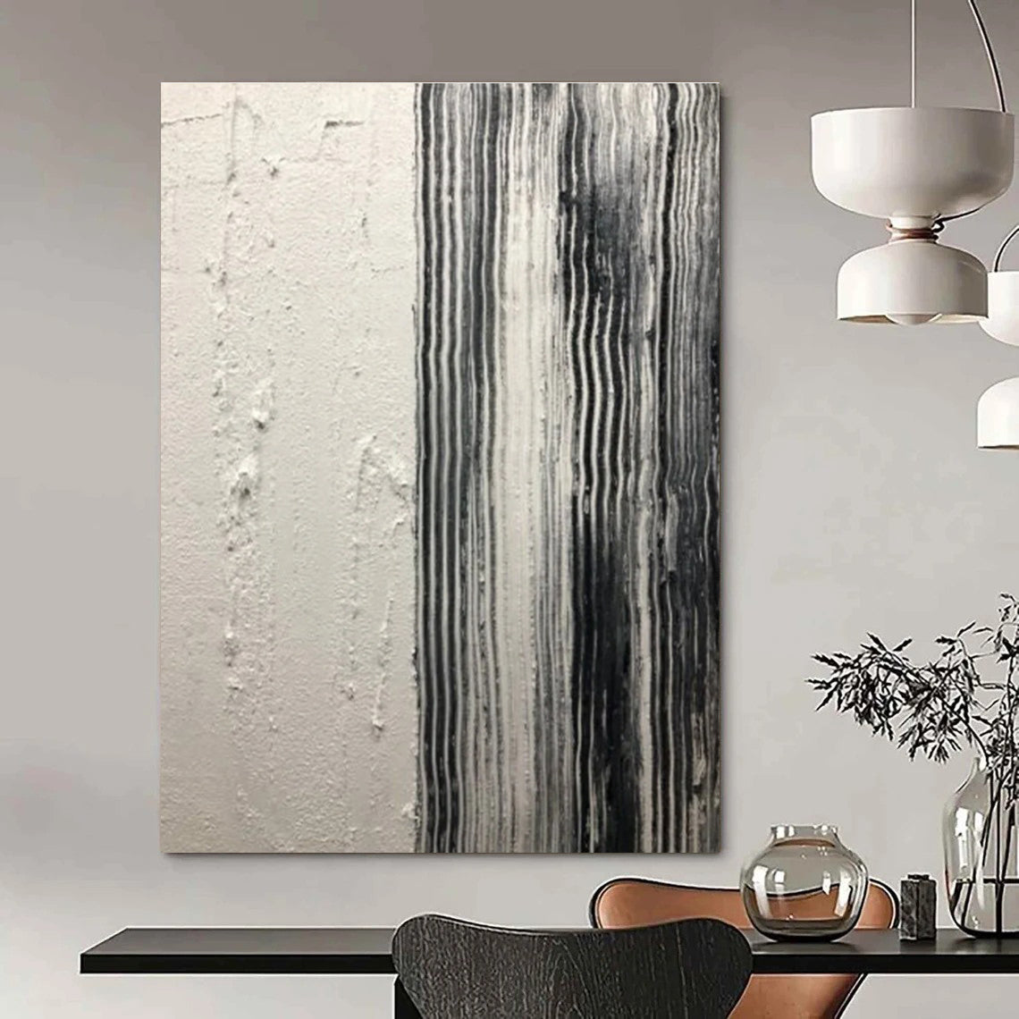 Black and White Striped Textured Abstract Painting ADGE382