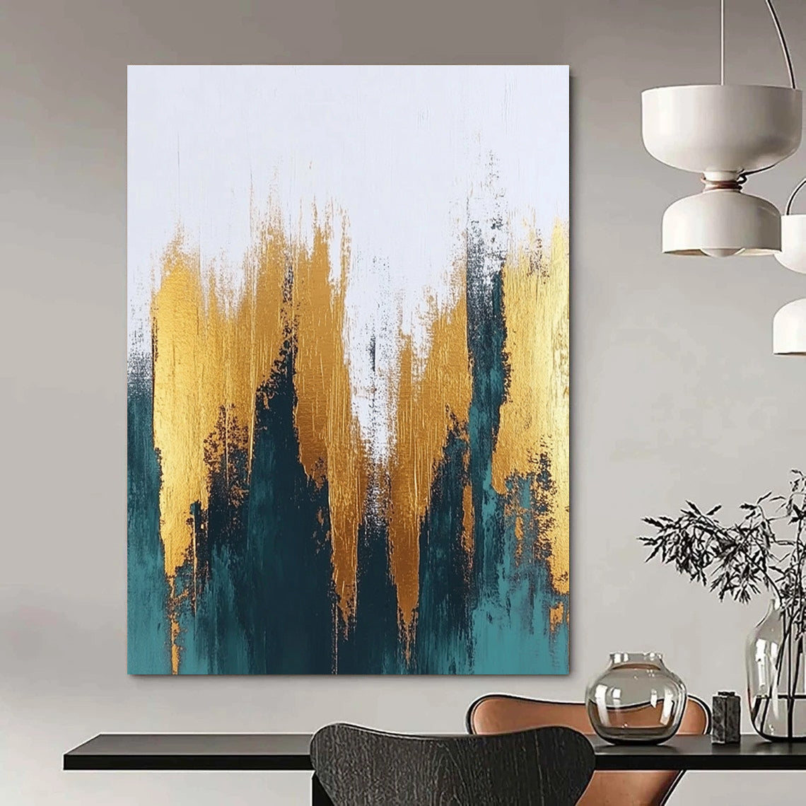 Large abstract painting featuring textured gold and teal brush strokes on a white background perfect for contemporary sophisticated decor.STSC062