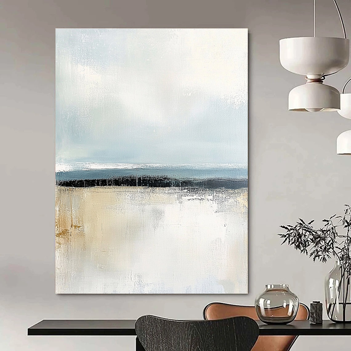 Large abstract painting with soft pastel colors and textured surface capturing serene coastal waters at dawn or dusk for emotional impact.STSC045